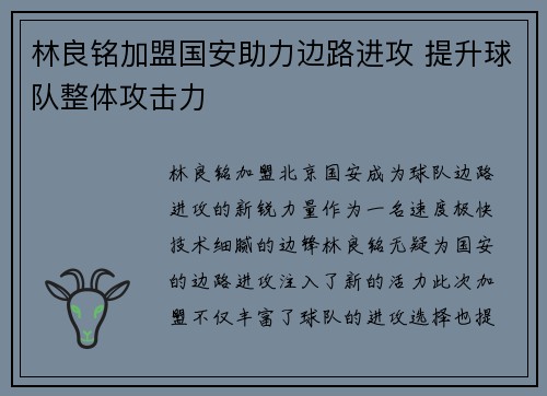 林良铭加盟国安助力边路进攻 提升球队整体攻击力