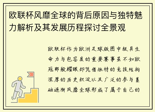 欧联杯风靡全球的背后原因与独特魅力解析及其发展历程探讨全景观