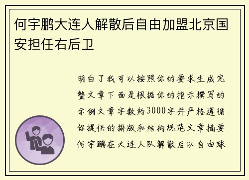 何宇鹏大连人解散后自由加盟北京国安担任右后卫